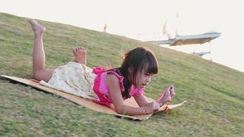 Happy sisters playing at the park slides down from the grassy hill sitting on a cardboard box. Happy children playing outdoors in summer. Family spending time together on vacation. video