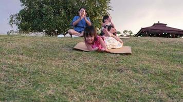gelukkig zussen spelen Bij de park dia's naar beneden van de met gras begroeid heuvel zittend Aan een karton doos. gelukkig kinderen spelen buitenshuis in zomer. familie uitgeven tijd samen Aan vakantie.