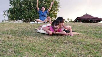 Lycklig systrar spelar på de parkera diabilder ner från de gräs- kulle Sammanträde på en kartong låda. Lycklig barn spelar utomhus i sommar. familj utgifterna tid tillsammans på semester. video