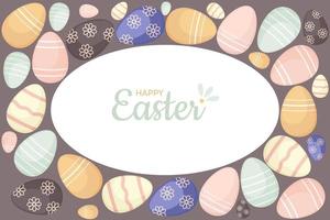 Decorative frame for Easter holiday. Greeting card with Easter eggs on a dark background. Happy Easter Inscription. Vector illustration