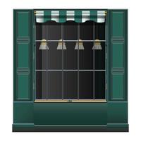 Shop-front green wall and large window in realistic style. Outdoor Building elements. Colorful vector illustration isolated on white background.