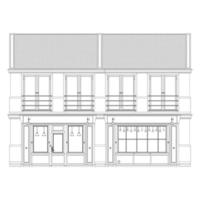 Coffeeshop facade front view Coloring page. French old Building. European architecture. Vector illustration isolated on white background.