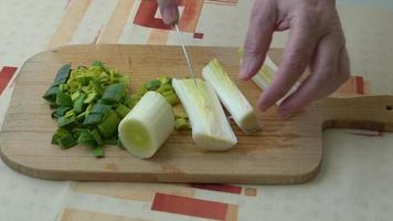 Natural fresh cutted leeks on the wooden cutting board. Closeup of sliced leek. Slices of the fresh green leek. Chopped Leek. Fresh vegetables. video