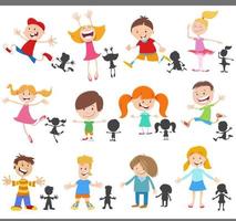 cartoon happy children characters and silhouettes set vector