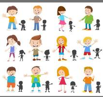 cartoon happy kids characters with silhouettes set vector