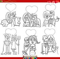 cartoon couples in love on Valentine Day coloring book page vector