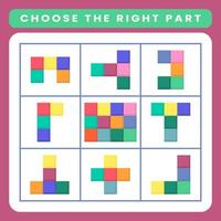 Puzzle game for kindergarten and preschool kids. Worksheet choose the right part vector