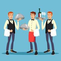 Butler Worker Vector. Man Butler Person In Uniform With Dish. Dinner On Restaurant. Illustration vector