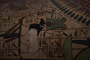 egyptian wooden sarcophagus hieroglyphs detail photo