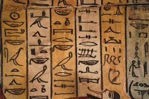 egyptian wooden sarcophagus hieroglyphs detail photo