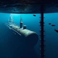 Submarine ship approaching a underwater damaged pipeline leaking in the deep dark ocean like the nord stream illustration photo