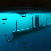 Submarine ship approaching a underwater damaged pipeline leaking in the deep dark ocean like the nord stream illustration photo