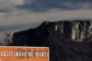 low clouds like fog in appennines valley around Bismantova stone a rock formation in the Tuscan-Emilian Apennines photo