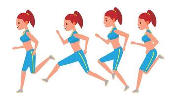 Female Running Vector. Animation Frames Set. Sport Athlete Fitness Character. Marathon Road Race Runner. Woman Side View. Sportswear. Jogging, Workout. Isolated Flat Illustration vector
