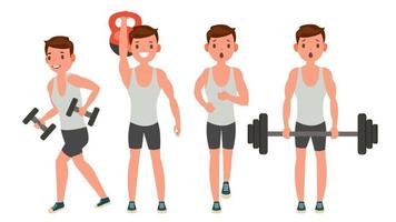 Fitness Man Vector. Different Poses. Work Out. Active Fitness. Flat Cartoon Illustration vector