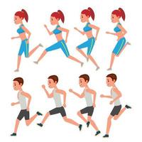 Male And Female Running Vector. Animation Frames Set. Sport Athlete Fitness Character. Marathon Road Race Runner. Woman Side View. Sportswear. Jogging Couple, Workout. Isolated Flat Illustration vector