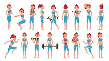 Fitness Girl Vector. Different Poses. Exercises For Fat People. Healthy Lifestyle Concept. Woman Fitness. Isolated On White Cartoon Character Illustration vector
