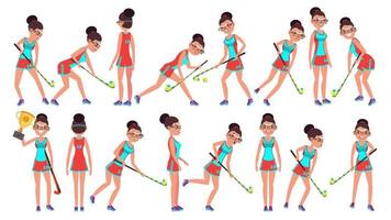 vector femenino de jugador de hockey sobre césped. partido de hockey hierba femenino. ilustración de personaje de dibujos animados