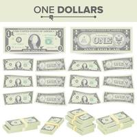Vector de billete de 1 dólar. moneda estadounidense de dibujos animados. dos lados de una ilustración aislada del billete de dinero americano. símbolo de efectivo pilas de 1 dólar