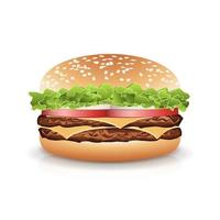 Fast Food Realistic Burger Vector. Hamburger Icon With Meat, Lettuce, Cheese And Tomato. Isolated vector