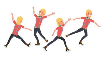 Boy Figure Skater Vector. Winter Sports. Skater Male. Different Poses. In Action. Flat Cartoon Illustration vector