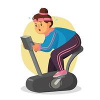 mujer gorda en vector de gimnasio. mujer corriendo en cinta rodante. bicicleta estática entrenamiento de chicas fitness. mujer obesa corriendo en cinta rodante. ilustración de personaje de dibujos animados plano aislado