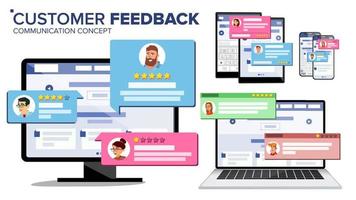 Customer Review Page On Computer Monitor, Laptop, Tablet, Mobile Phone Vector. Client Testimonials. Website Rating Feedback And Review Concept. Isolated Flat Illustration vector