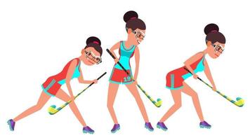 vector de jugadora de hockey sobre césped. bola de goteo. en acción. posa partido de hockey hierba femenino. ilustración de personaje de dibujos animados