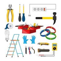 Electrician Icons Set Vector. Electrician Accessories. Stepladder, Gloves, Light Bulb, Wire, Screwdriver, Lantern, Knife, Voltmeter, Wire. Isolated Flat Cartoon Illustration vector