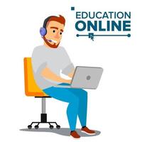 Education Online Vector. Home Online Training Course. Young Handsome Man In Headphones Sitting. Modern Study Technology. Isolated Flat Cartoon illustration vector