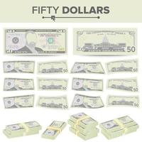 Vector de billetes de 50 dólares. moneda estadounidense de dibujos animados. dos caras de cincuenta billetes de dinero americano ilustración aislada. símbolo de efectivo pilas de 50 dólares