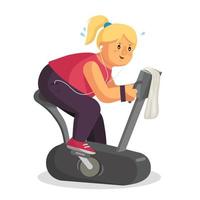 Fat Woman Training Vector. Lose Weight. Fat Woman Dieting, Fitness. Get Rid Of Fat Belly. Flat Cartoon Illustration vector