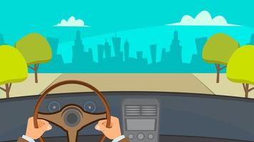 Hands Driving Car Vector. City Traffic Jam. Urban Background. Flat Illustration vector