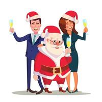 Corporate Christmas Party Vector. Man, Woman And Santa Claus. End Of The Year On Restaurant Or Office. Relaxing New Year Winter Celebrating Concept. Isolated Flat Cartoon Character Illustration vector