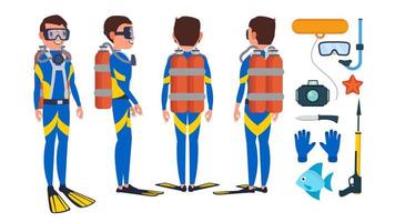 Diver Vector. Underwater. Diving At The Bottom Of The Sea. Flat Cartoon Illustration vector