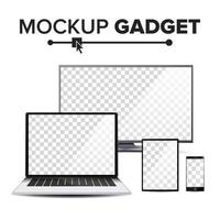 Realistic mockup gadget Vector. Computer Monitors, Modern Laptop, Touch Tablet, Mobile Smart Phone. Isolated Illustration vector