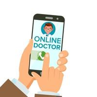 vector de aplicación de médico en línea. manos sosteniendo el teléfono inteligente. consulta en línea. hombre en pantalla. servicio móvil de salud. ilustración plana aislada