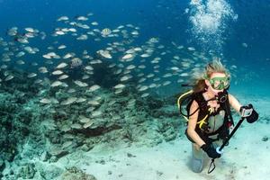 beauty blonde diver taking a selfie underwater photo
