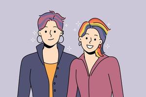 Smiling couple with colorful hair support LGBTQ movement. Happy people in cool funky image stand with LGBT community. Freedom and pride parade. Vector illustration.