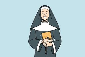 Smiling nun in traditional robe holding bible and rosary in hands. Happy religious sister with beds. Faith and religion. Vector illustration.