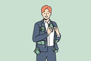 Wealthy businessman with money in all pockets show success. Smiling male employee with banknotes in suit feel successful and rich. Vector illustration.