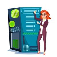 Data Center Vector. Hosting Server And Woman. Storage Cloud. Network And Database Support. Isolated Flat Cartoon Illustration vector