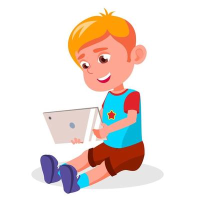 cute little boy holding and using digital tablet touching screen browsing  internet, doing homework, and playing games. Kids and electronic gadget  devices concept for children 7533178 Vector Art at Vecteezy