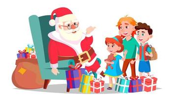 Santa Claus With Children Vector. Merry Christmas And Happy New Year. Greeting, Postcard, Colorful Design. Isolated Cartoon Illustration vector