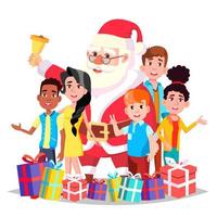 Santa Claus With Children Vector. Happy Kids. Traditional Event. Happy. New Year Gifts. Decoration Element. Isolated Cartoon Illustration vector