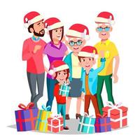 vector familiar de navidad. víspera de diciembre. alegre. mamá, papá, hijos, abuelos juntos. feliz. regalos de año nuevo. banner, volante, diseño de folleto. ilustración de dibujos animados aislados