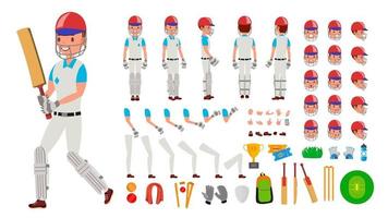 Cricket Player Male Vector. Sport Cricket Player Man. Cricketer Animated Character Creation Set. Full Length, Front, Side, Back View, Accessories, Poses, Emotions, Gestures. Isolated Flat Illustration vector