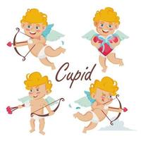 Cupido establece vector. el arco de Cupido. Cupido en diferentes poses. Feliz día de San Valentín. elemento de diseño gráfico. ilustración de personaje de dibujos animados plano aislado vector