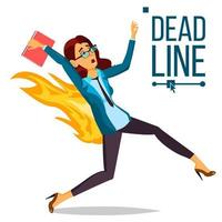 Deadline Concept Vector. Lack Of Time. Mess And Deadline Tasks. Stress In Office. Running Business Woman On Fire. Workers Hurry Up With Job. Illustration vector