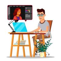 Photographer Retouching Photo Vector. Man Working With Graphic Software. Freelance Concept. Isolated Illustration vector